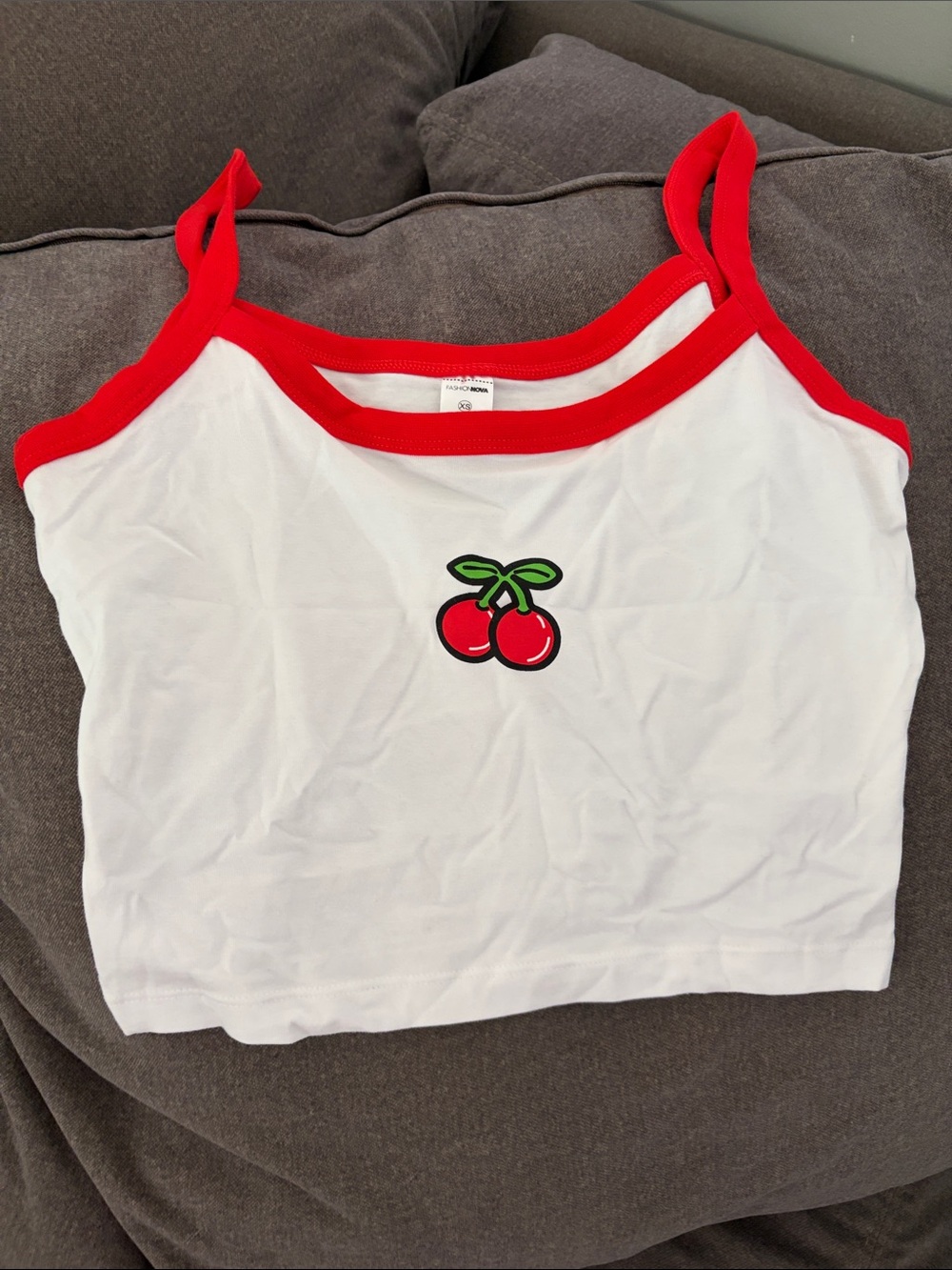 Fashion Nova White Tank Top with Red Trim and Cherry Patch